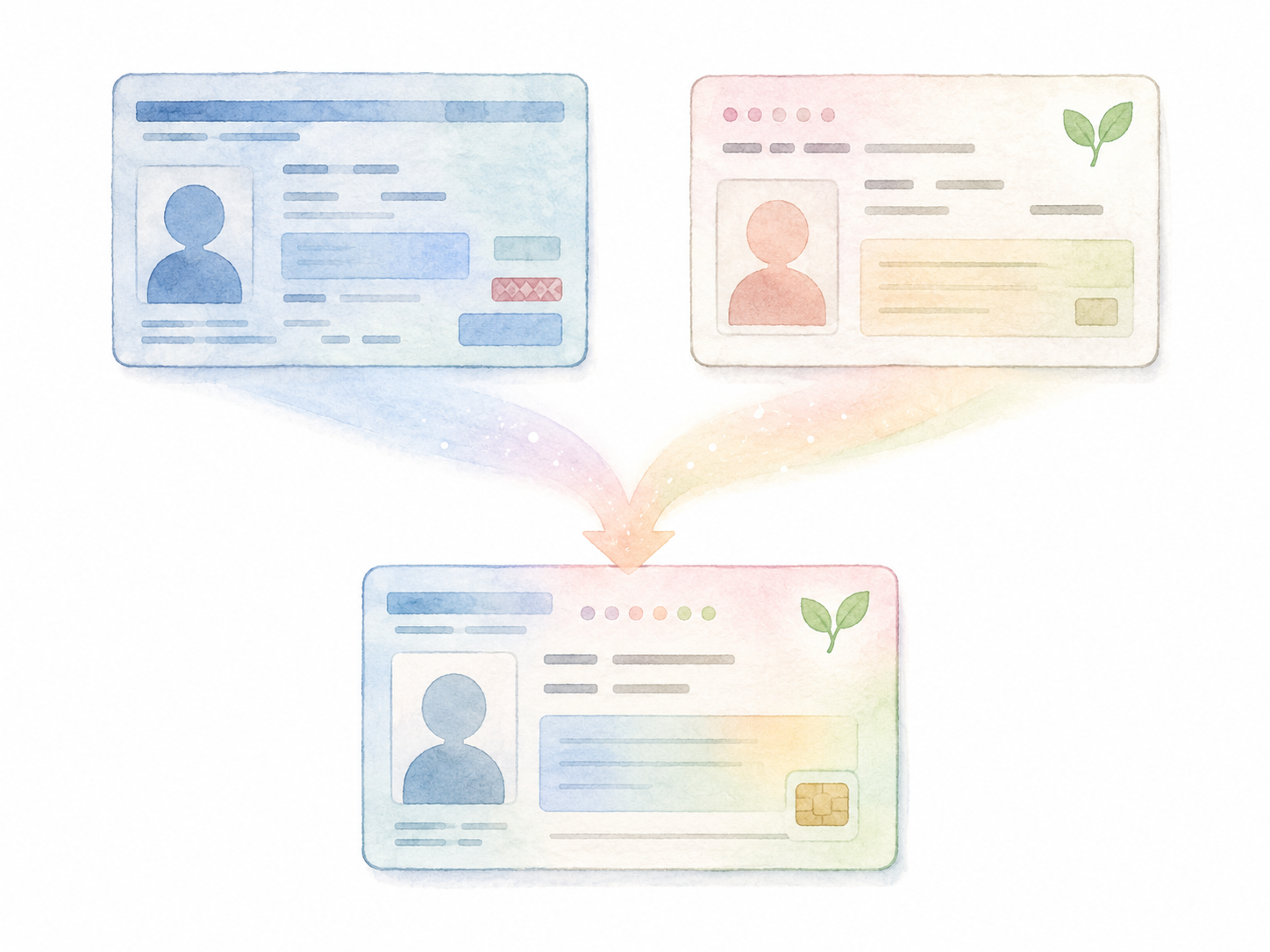 Illustration showing a residence card and My Number Card merging into a single specified residence card for international residents in Japan
