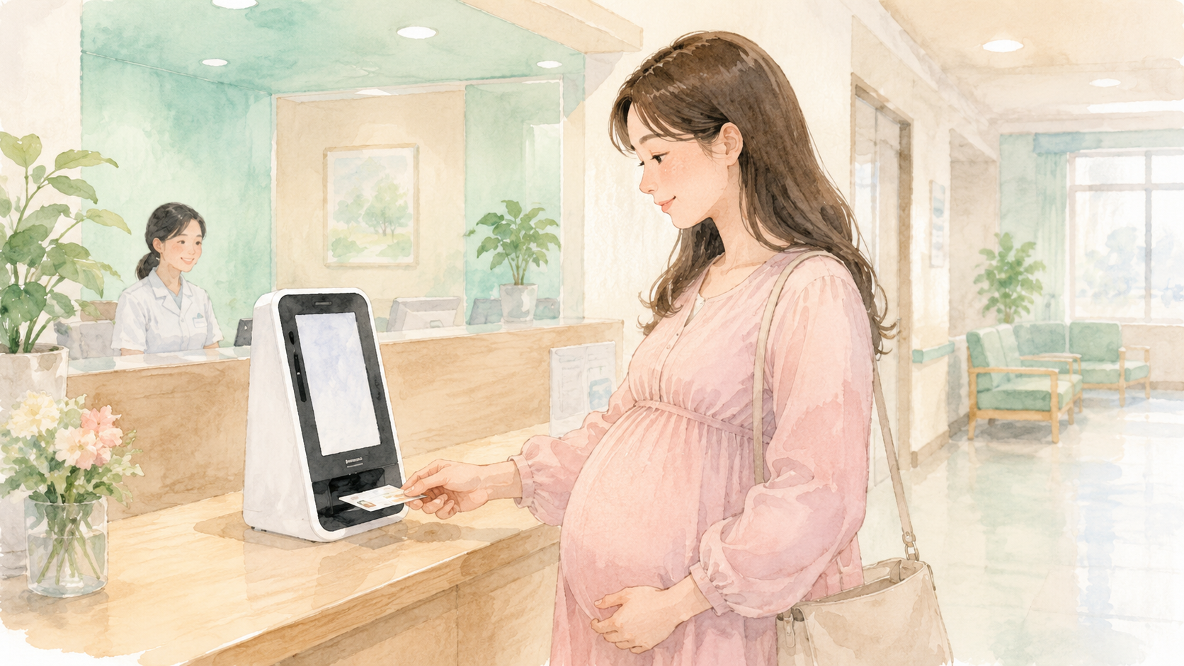 Person tapping My Number Card on a card reader at a Japanese hospital reception desk