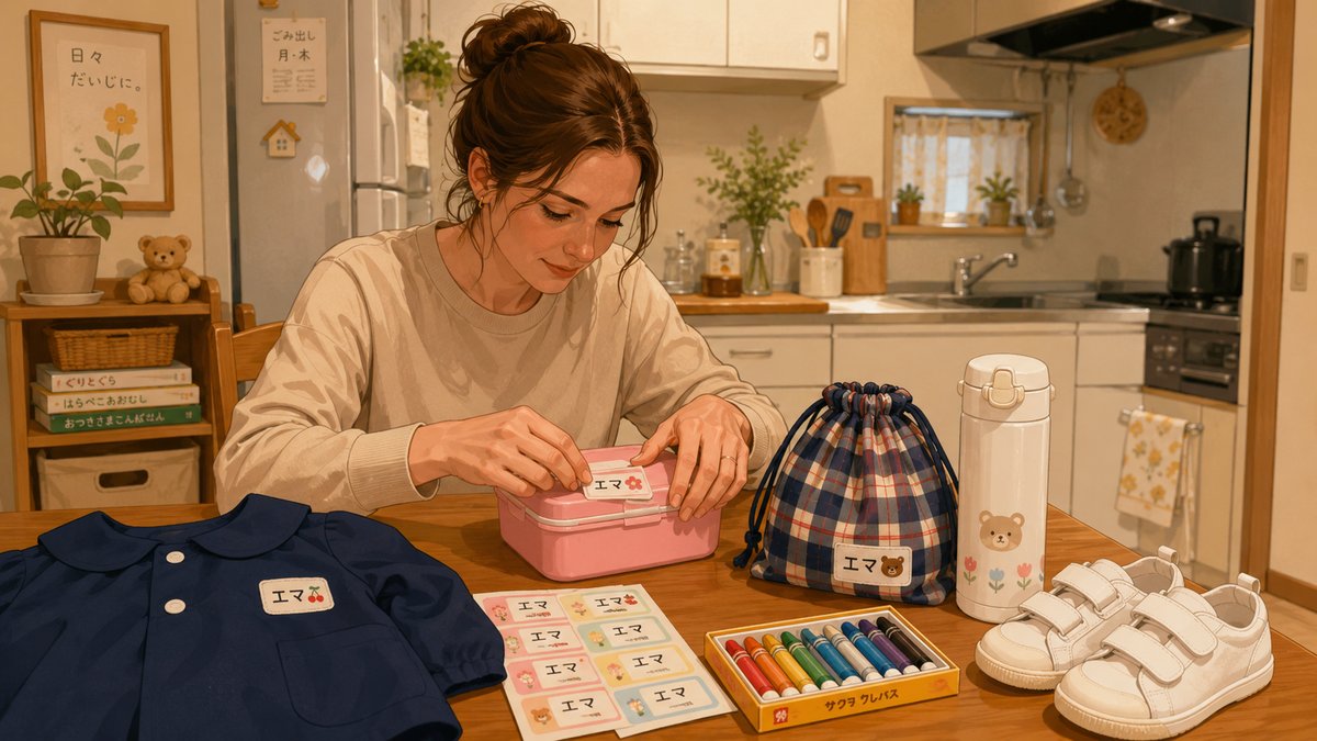 A Western mother applying a name sticker to a pink lunch box at a Japanese kitchen table, surrounded by a smock, crayons, shoes, and drawstring bag ready for kindergarten