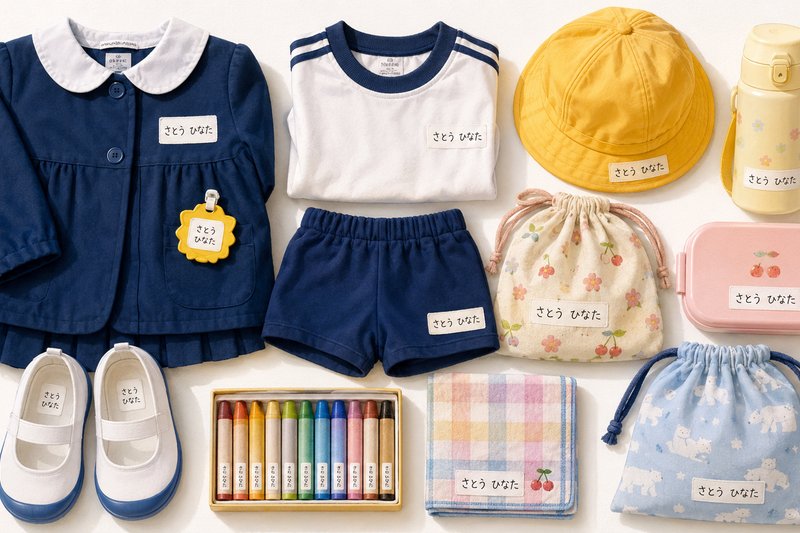 Flat lay of Japanese kindergarten items — smock, gym clothes, yellow hat, indoor shoes, lunch box, water bottle, crayons, and drawstring bags — each with a hiragana name label reading さとう ひなた