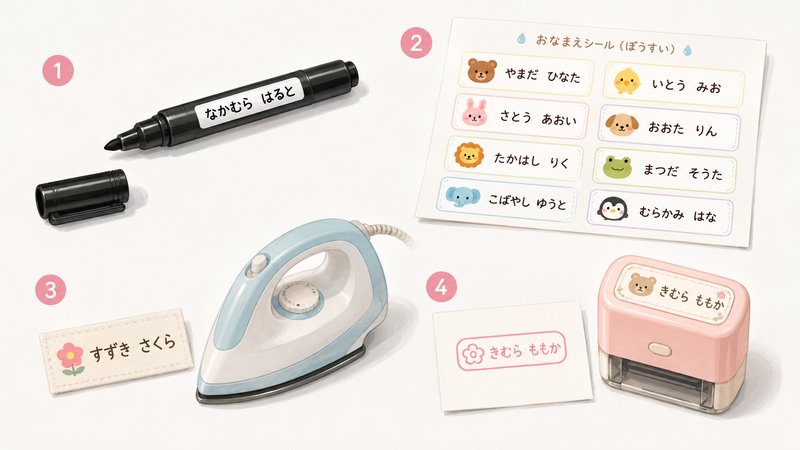 Four Japanese kindergarten name-labeling tools illustrated: a permanent marker, a sheet of waterproof name stickers with animal icons, an iron-on fabric label, and a compact self-inking name stamp