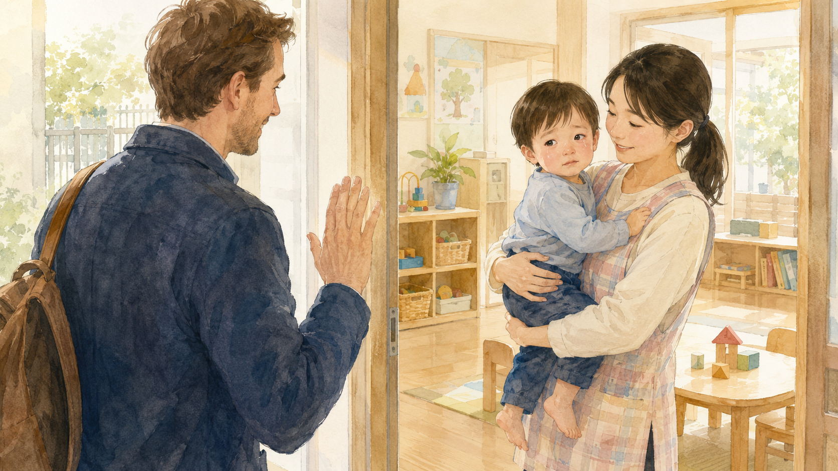 Watercolor illustration of a Western father waving goodbye to his crying toddler who is being gently held by a Japanese daycare teacher inside the classroom doorway