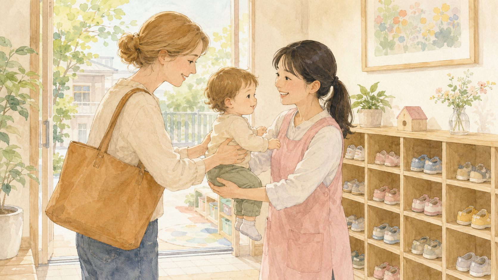 Watercolor illustration of a Western mother handing her toddler to a smiling Japanese daycare teacher at the entrance of a hoikuen, with small shoes lined up in cubbies behind them
