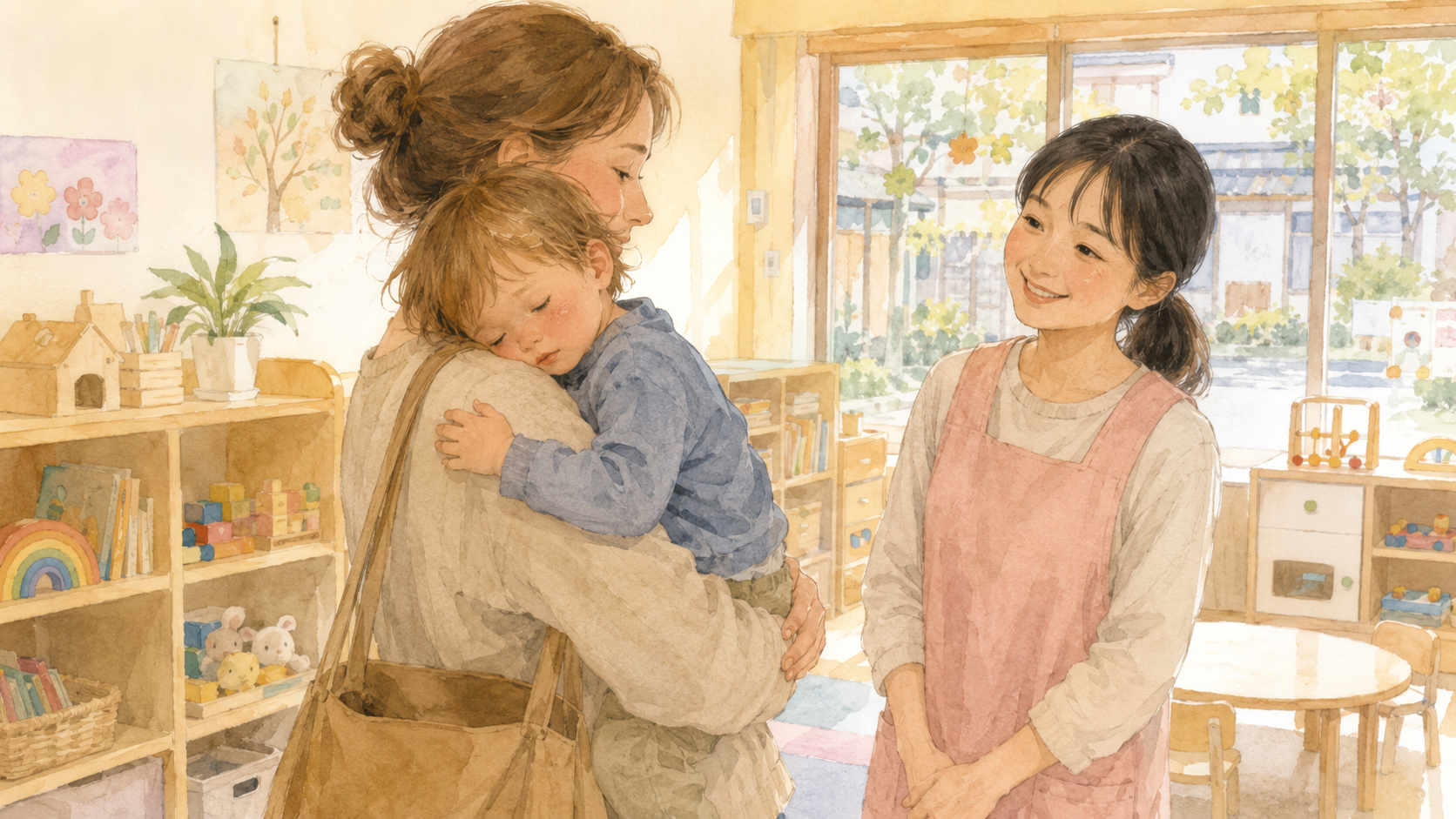 Watercolor illustration of a parent holding their flushed, sleepy toddler at pickup after a daycare fever call, with a kind Japanese daycare teacher looking on