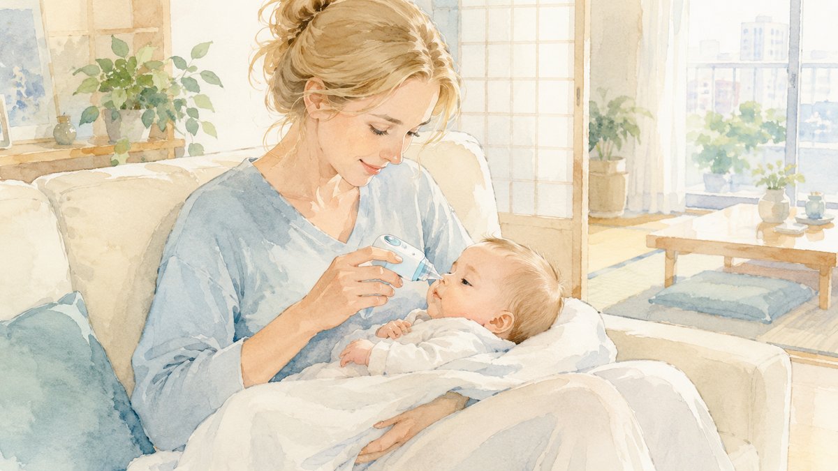 Soft watercolour illustration of a Western mother gently using a nasal aspirator on her baby, sitting on a sofa in a bright Japanese apartment