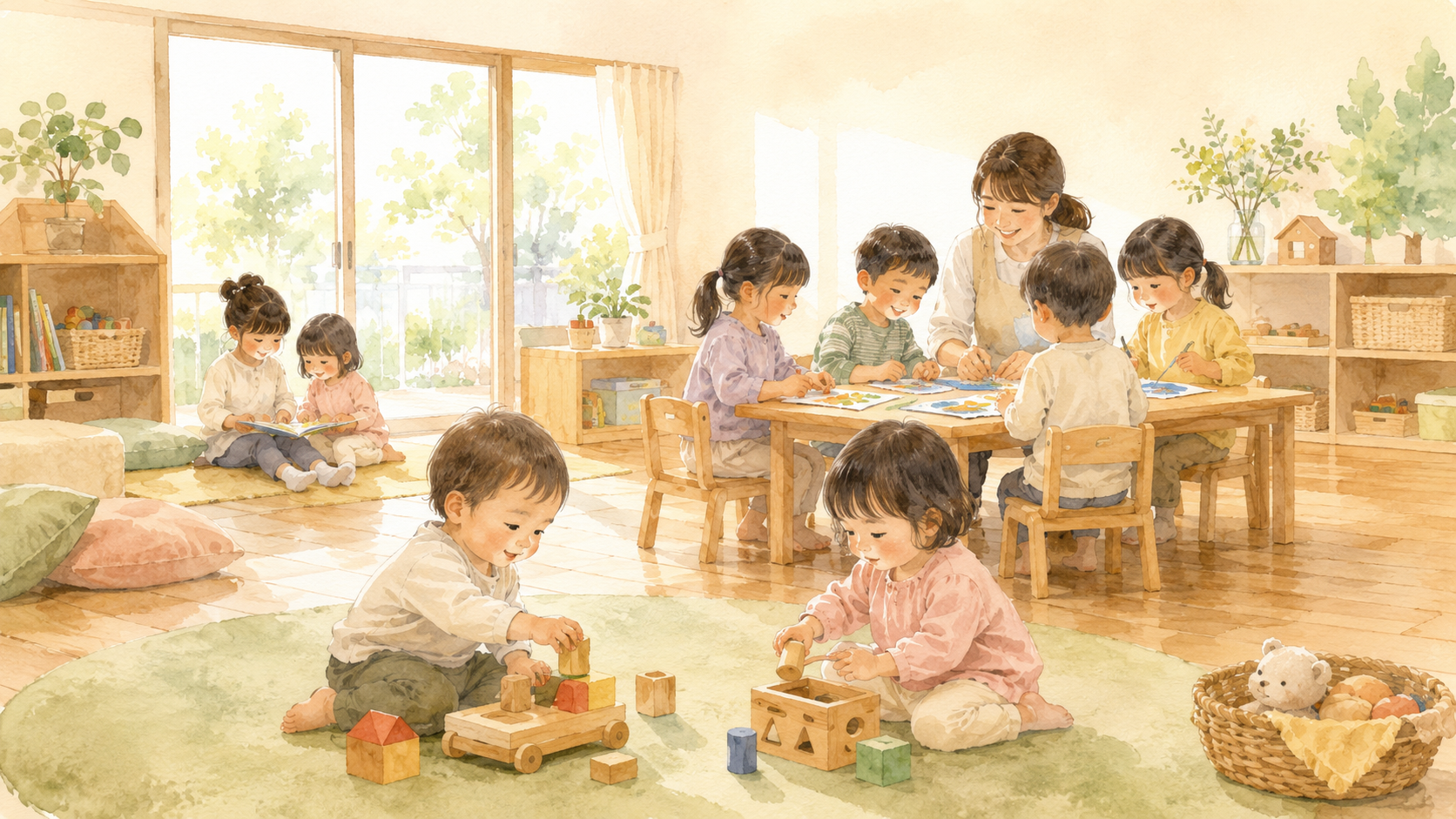Watercolor illustration of a certified center in Japan, with a mix of toddlers and older preschool children playing together in a bright, welcoming building that combines a kindergarten and a daycare