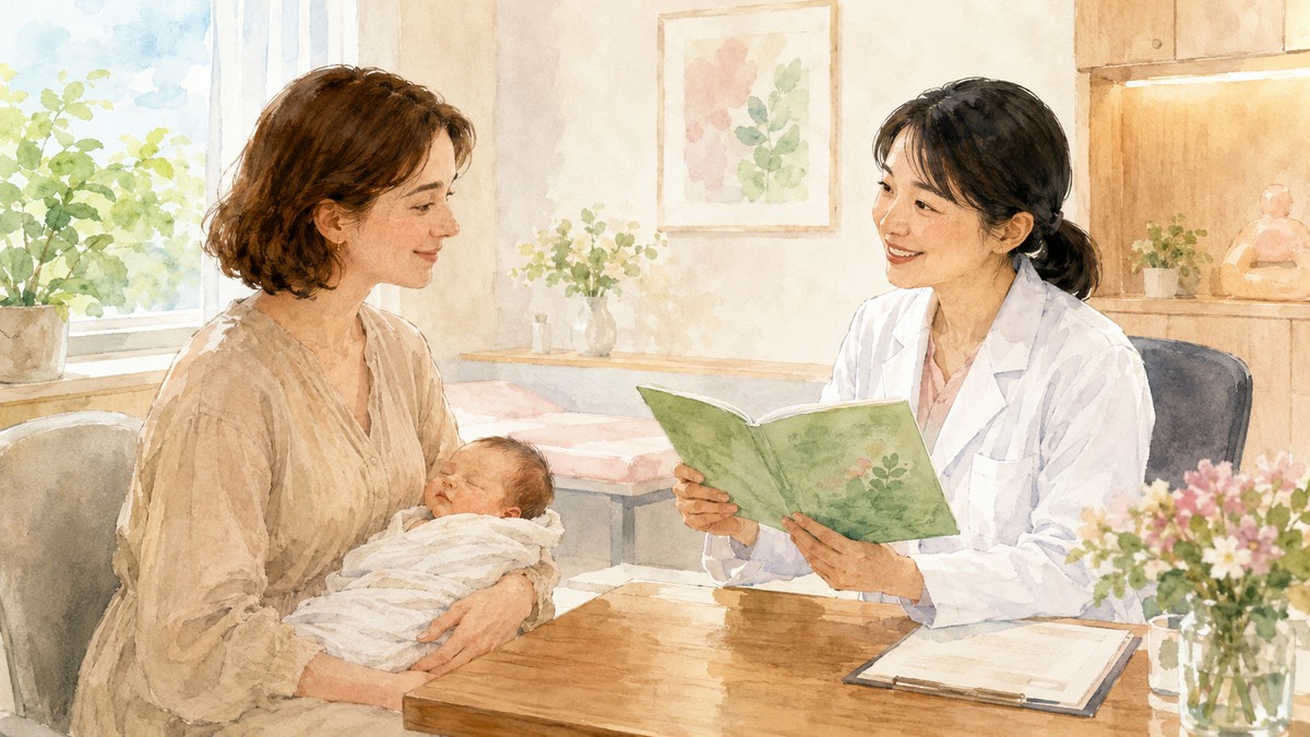 Non-Japanese mother holding a newborn at a Japanese clinic, Japanese doctor smiling warmly across the desk