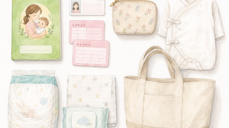 Flat-lay illustration of items to bring to the 1-month checkup: mother-child health handbook, My Number Card, appointment cards, baby clothes, diapers, wipes, muslin, tote bag