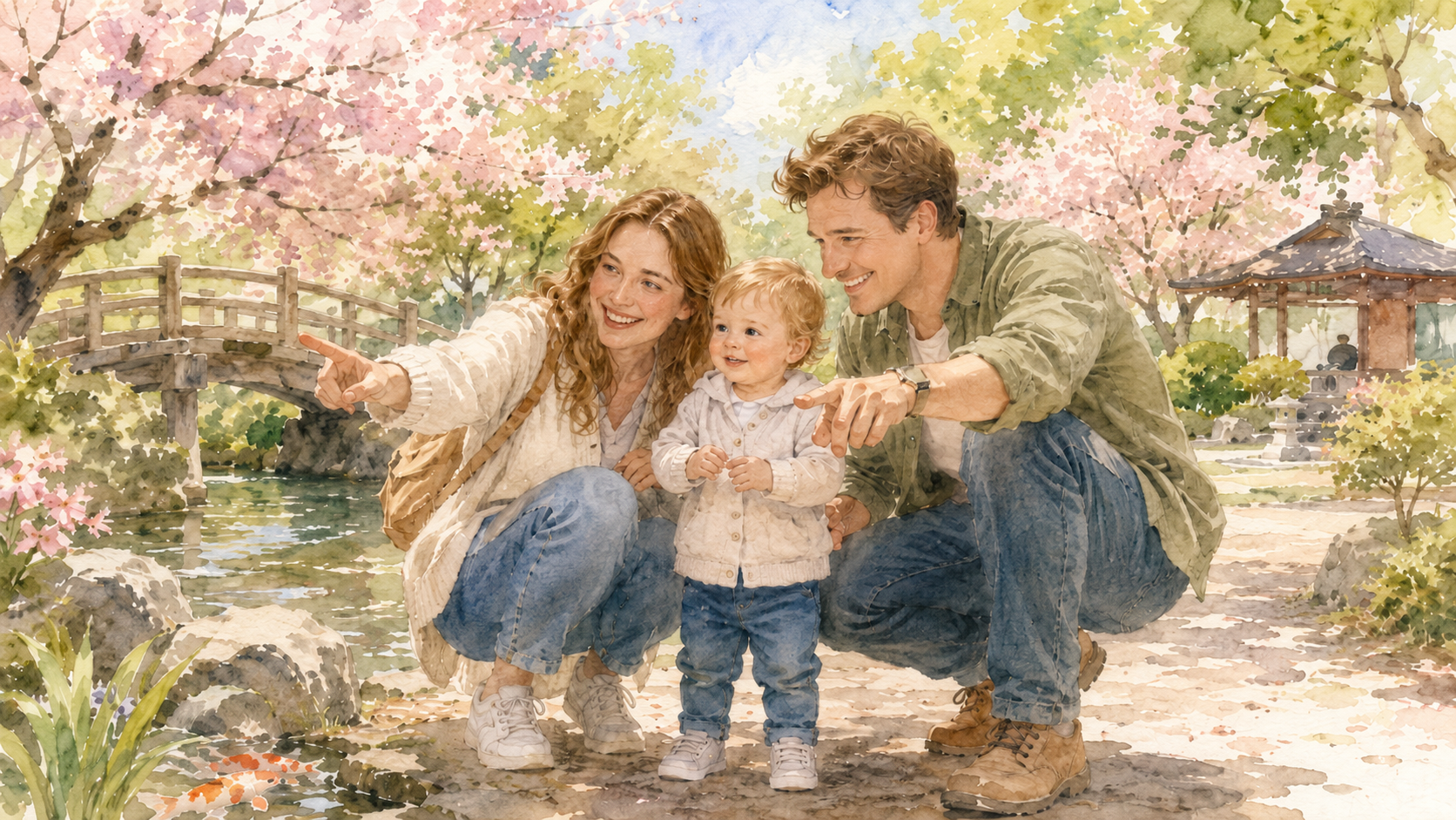 Watercolor illustration of a Western couple crouching with their toddler in a Japanese garden with cherry blossoms, pointing and smiling together