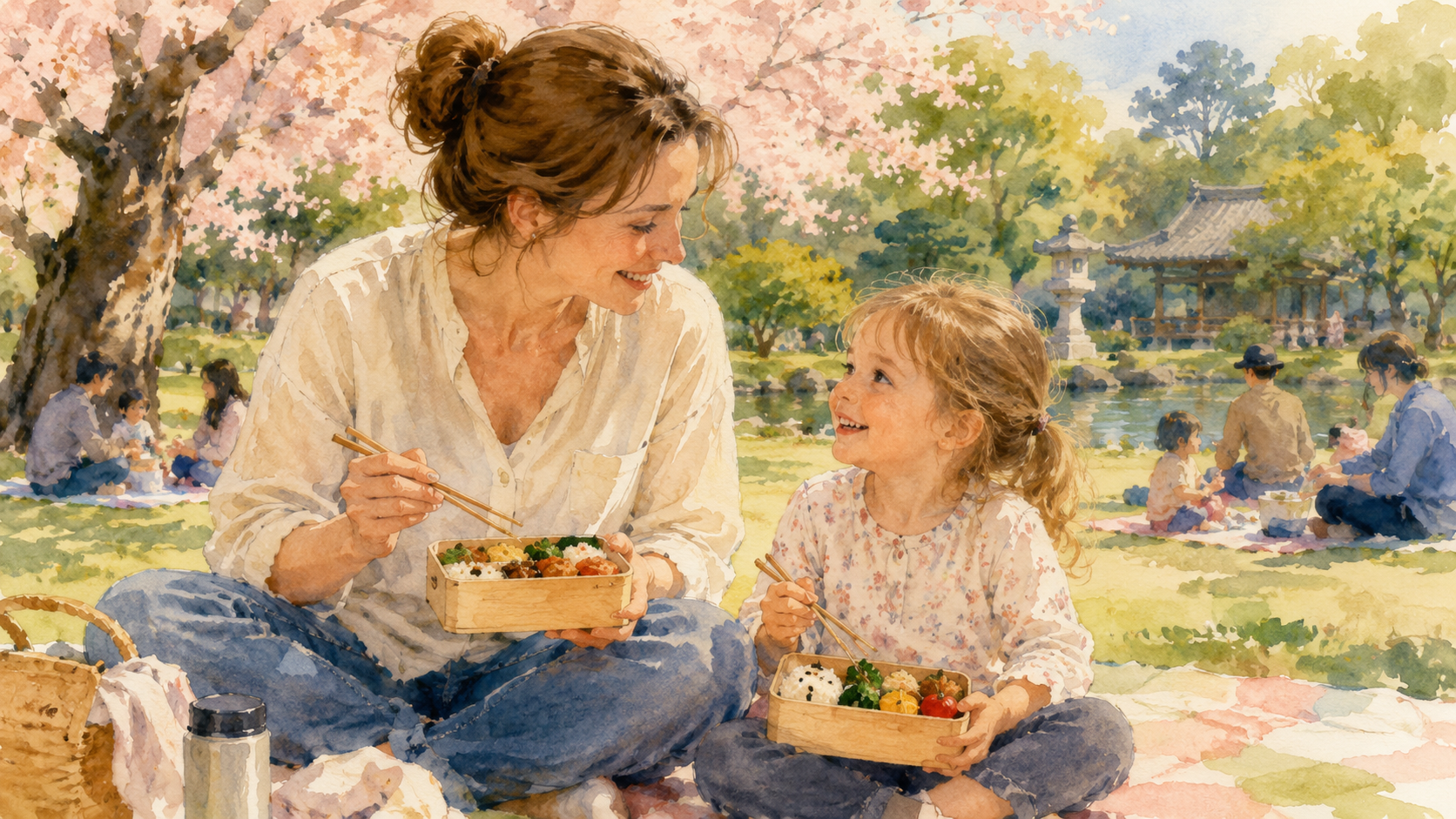 Watercolor illustration of a Western mother and young daughter eating bento boxes together on a picnic mat in a Japanese park, other families visible in the background