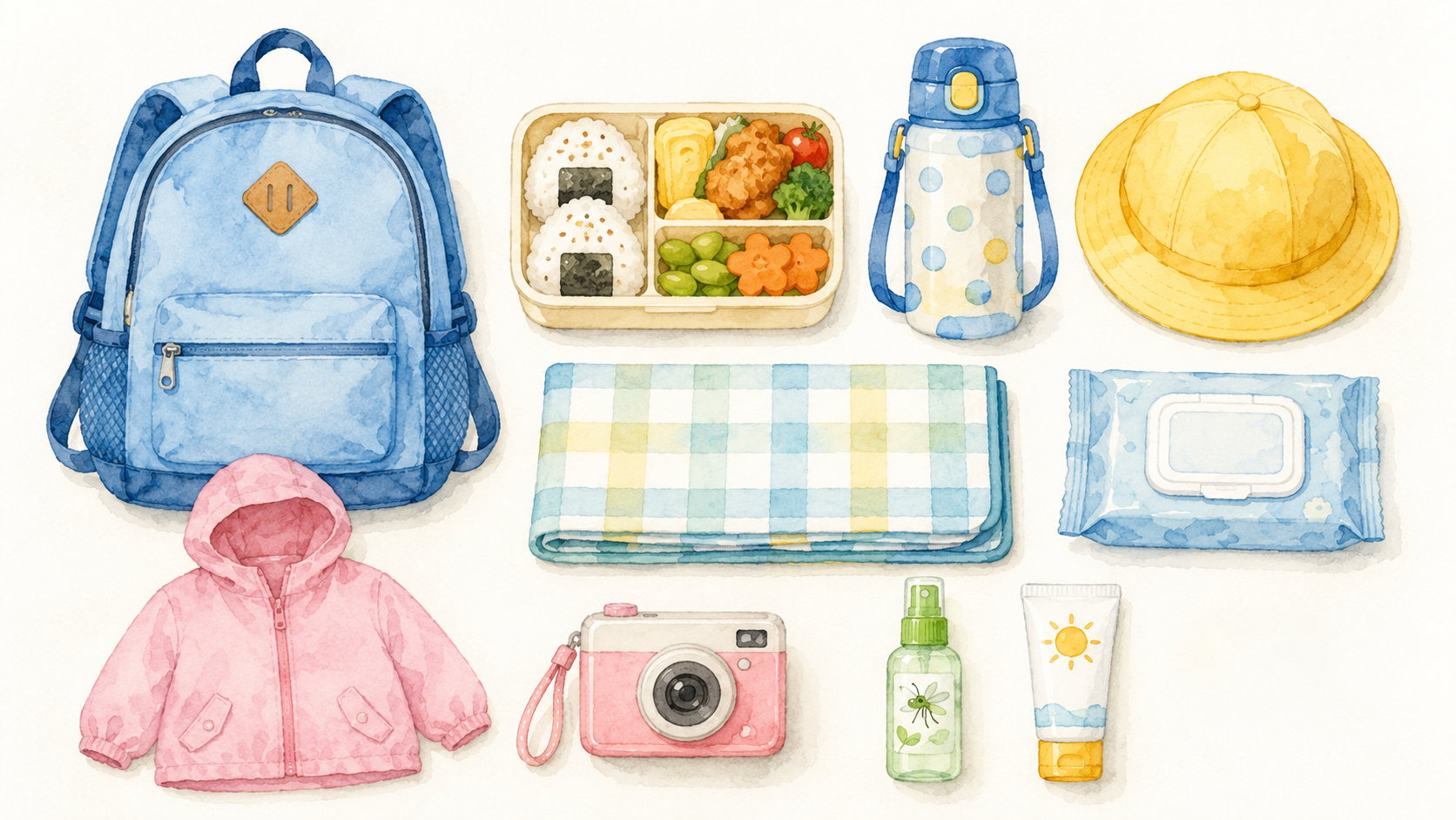 Watercolor flat-lay of field trip items: backpack, bento box, water bottle, hat, picnic mat, wet wipes, rain jacket, camera, insect repellent, and sunscreen