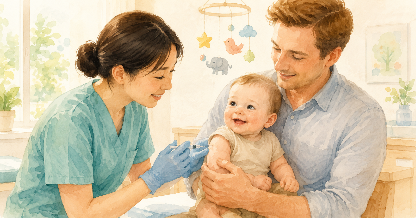 Nurse giving pneumococcal injection to a baby in Japan