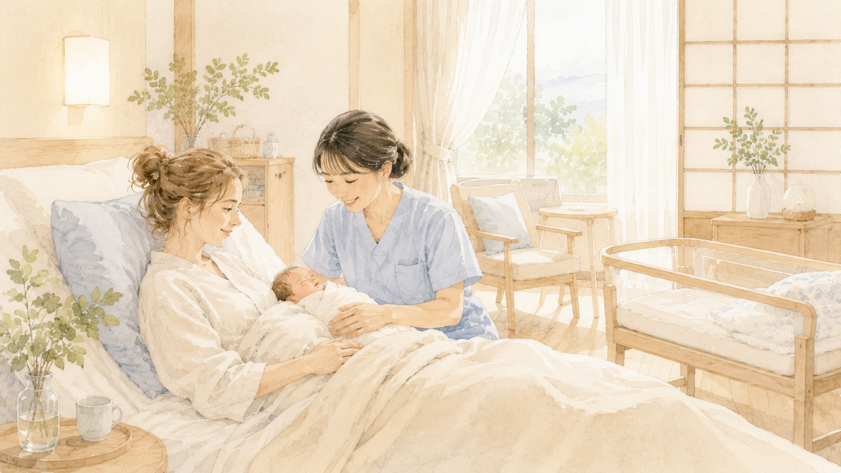 Soft watercolour illustration of a non-Japanese mother resting in a postpartum care facility in Japan, midwife attending gently nearby