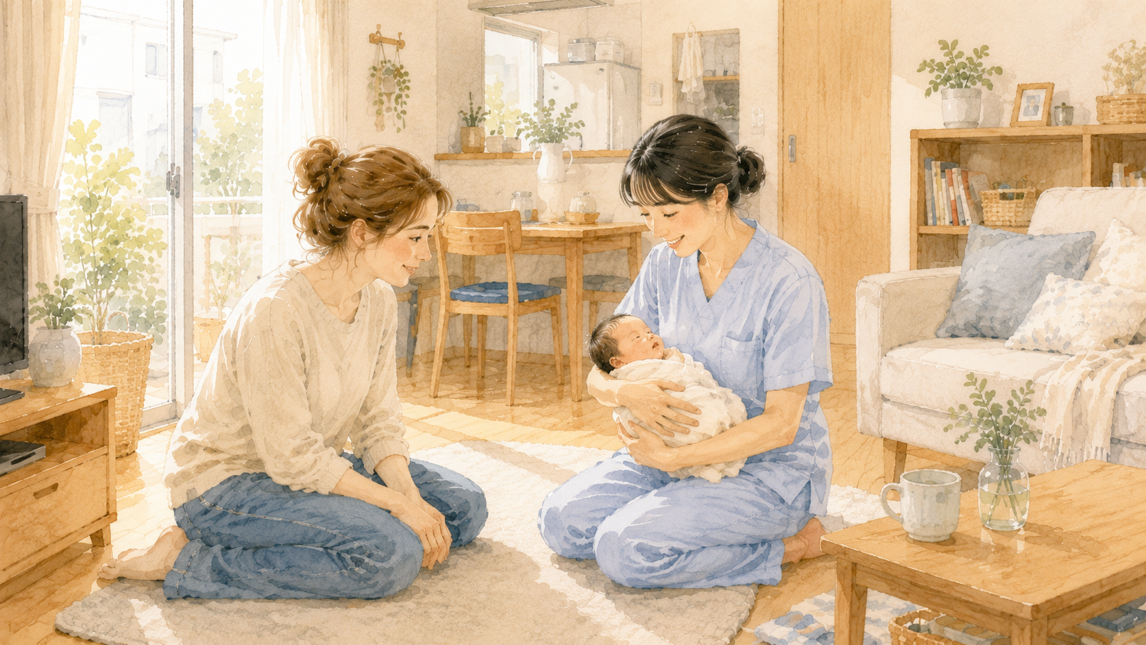 Soft watercolour illustration of a Japanese midwife visiting a non-Japanese mother at home, checking on the newborn baby
