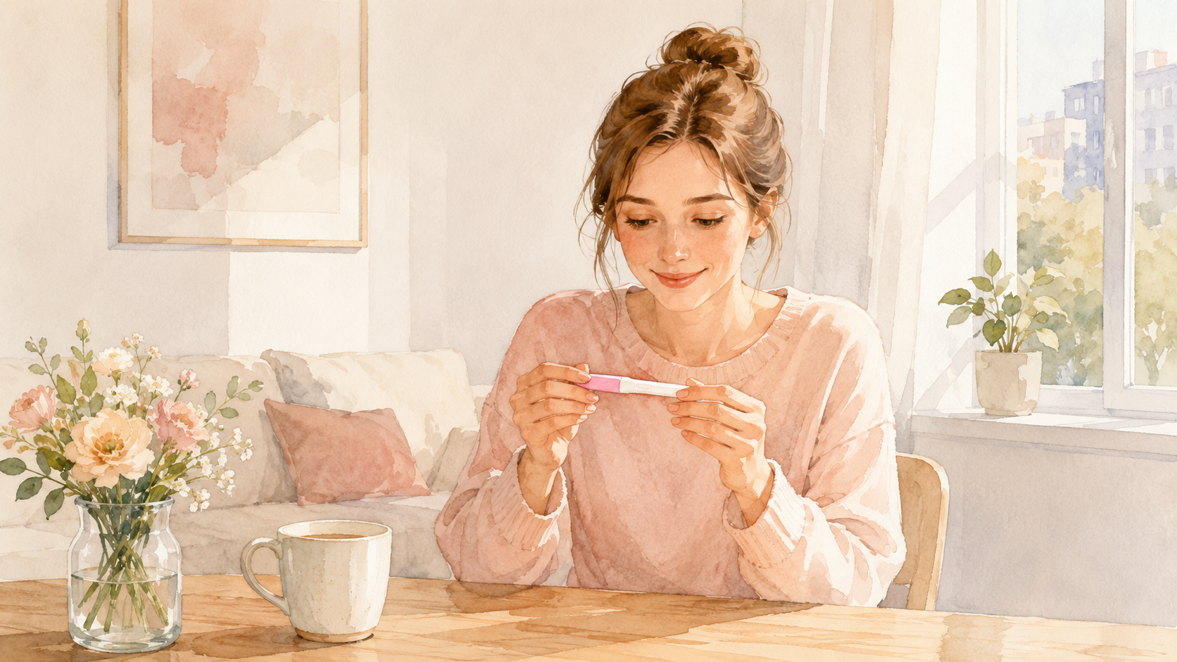 International woman holding a positive pregnancy test at home in Japan, looking calm and hopeful in a Japanese-style living room