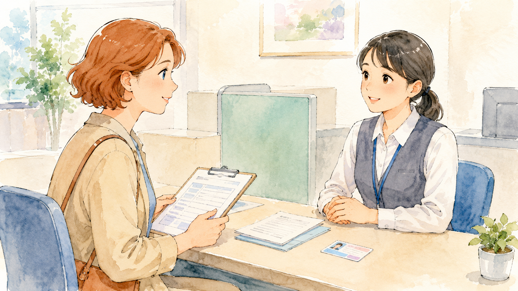 A non-Japanese woman with auburn hair speaks with a Japanese municipal office clerk while holding an application form on a clipboard