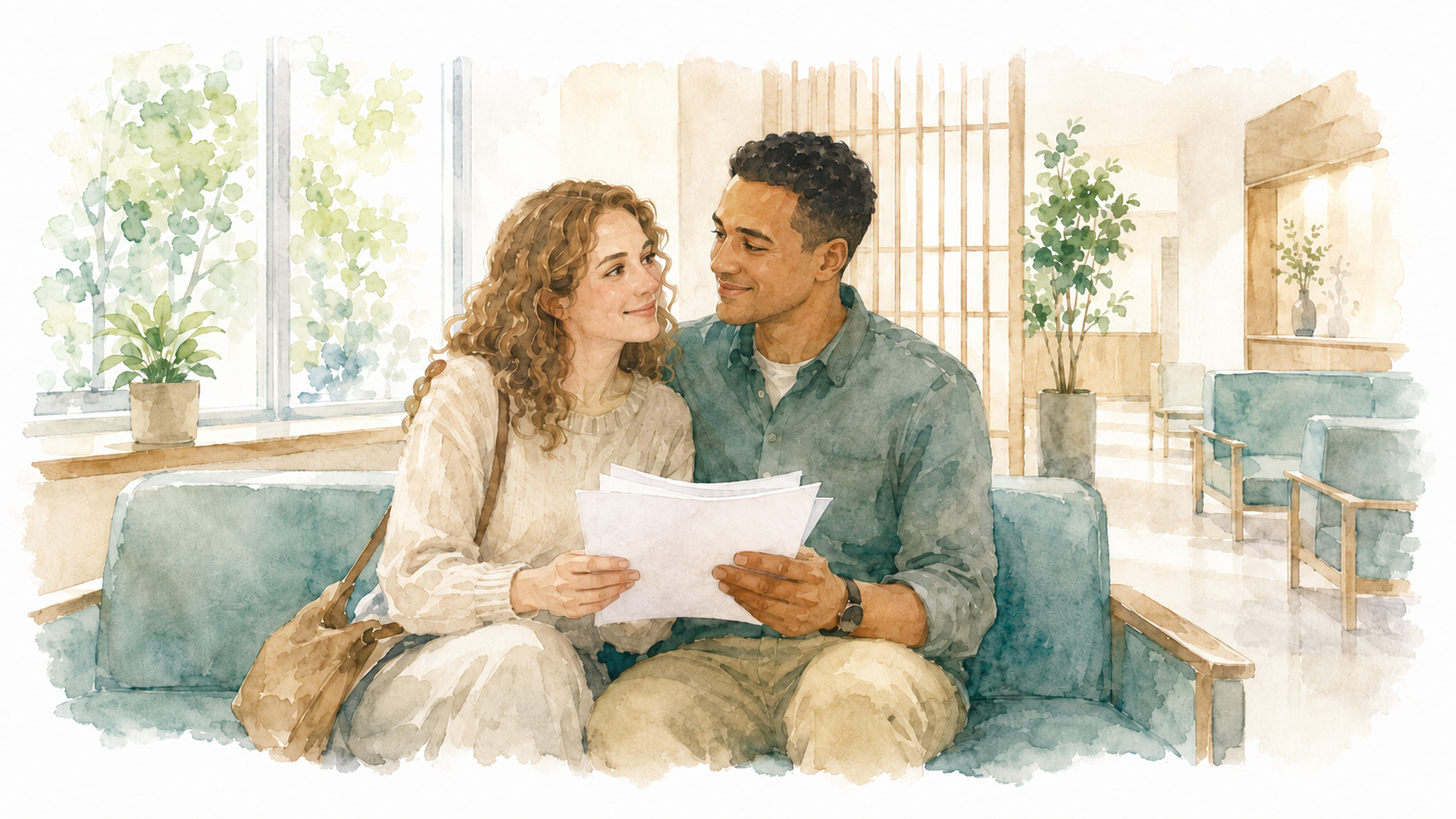 Watercolor illustration of a young Western couple sitting together in a hospital waiting room, reading documents with a calm and hopeful expression