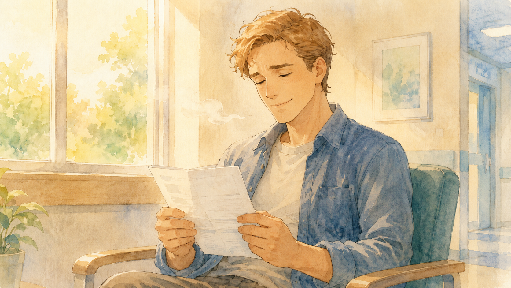 Watercolor illustration of a young Western father sitting in a hospital waiting room, reading a document with a calm and relieved expression