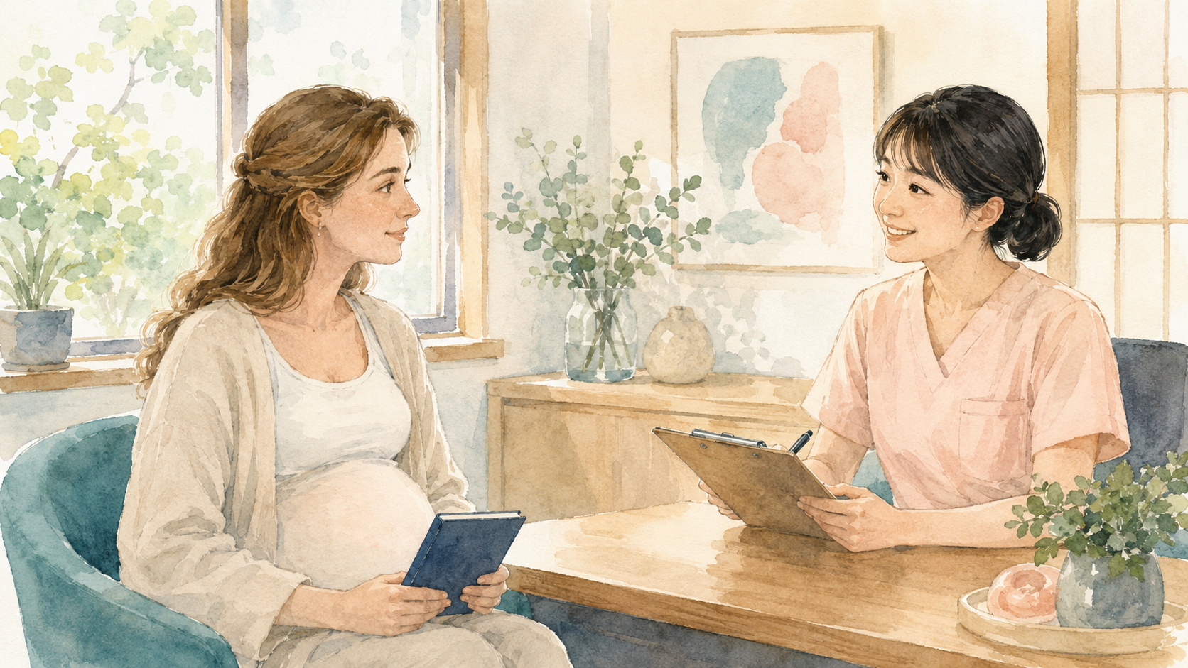 Watercolor illustration of a pregnant woman sitting across from a Japanese midwife at a clinic desk, the midwife reviewing notes while the woman holds her maternal health handbook