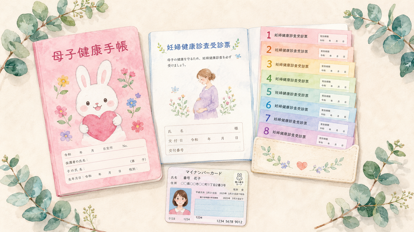 Watercolor flat-lay illustration of items to bring to a prenatal checkup in Japan: a navy maternal health handbook, a booklet of colorful voucher slips, a My Number card, and an ID card arranged on a beige surface