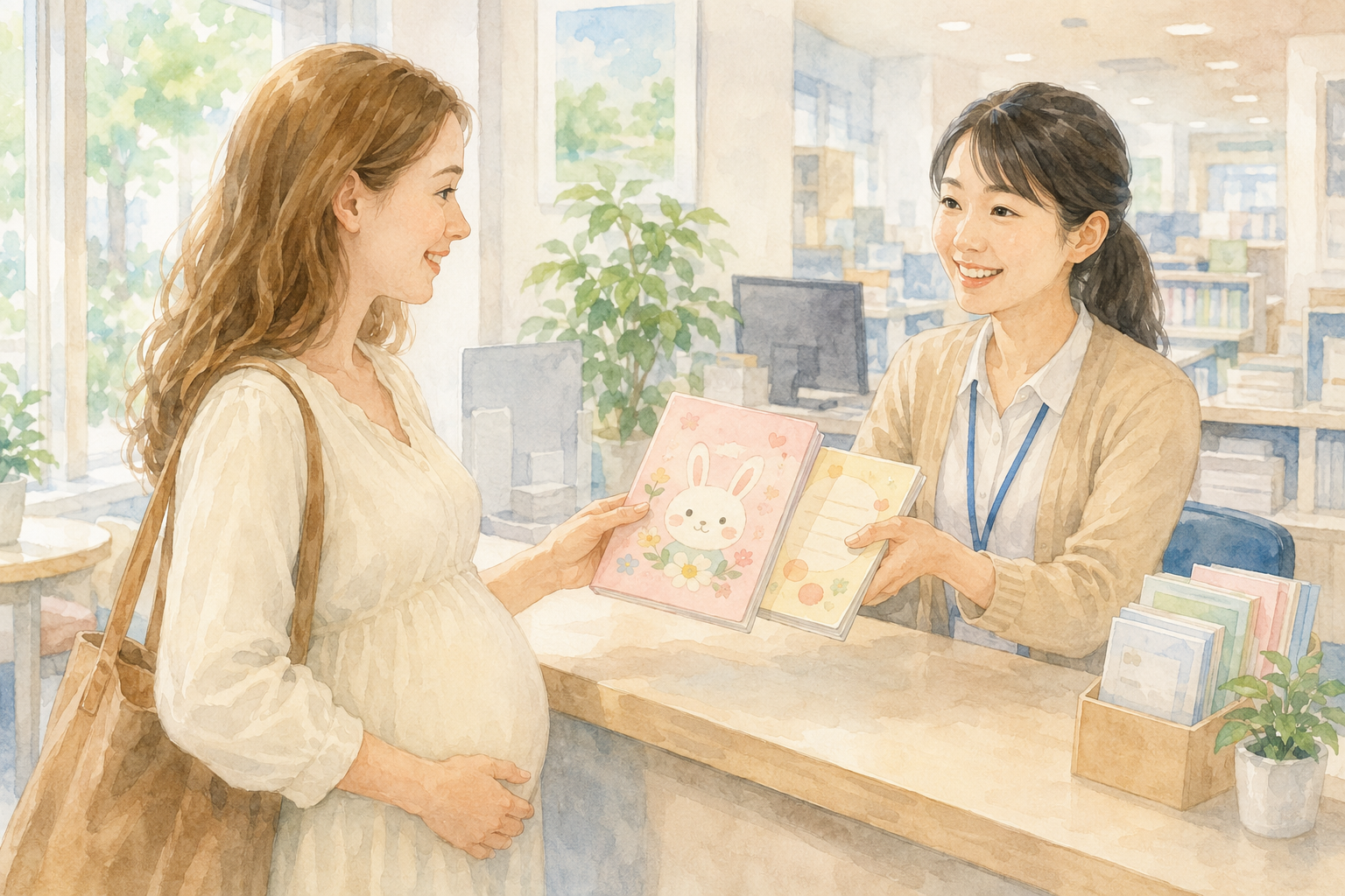 Watercolor illustration of a Western pregnant woman receiving her maternal health handbook and prenatal checkup vouchers from a Japanese municipal office staff member at a bright counter