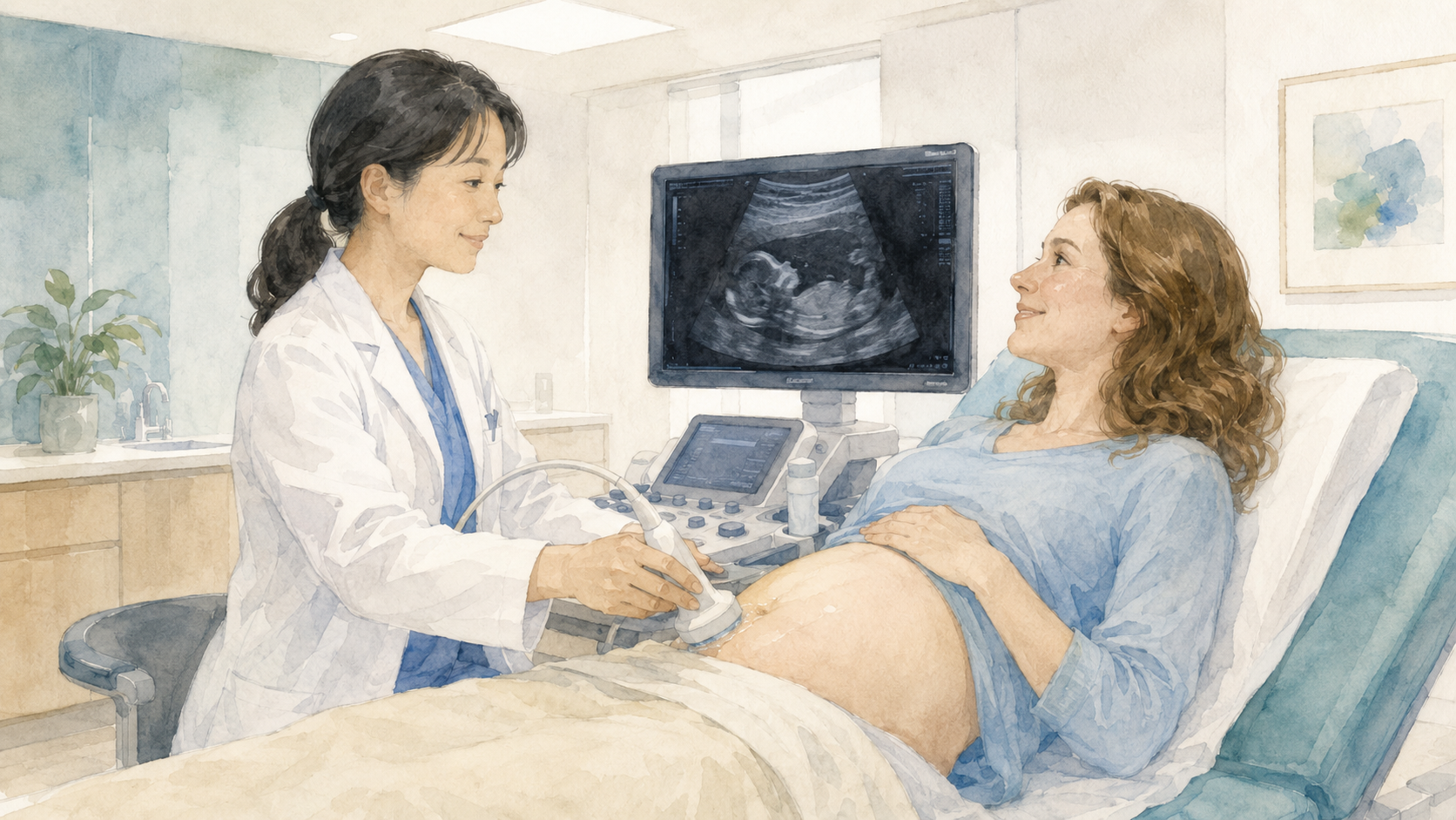 Watercolor illustration of a pregnant woman lying on an examination table while a Japanese clinician performs an ultrasound scan, a screen showing the fetal image beside them