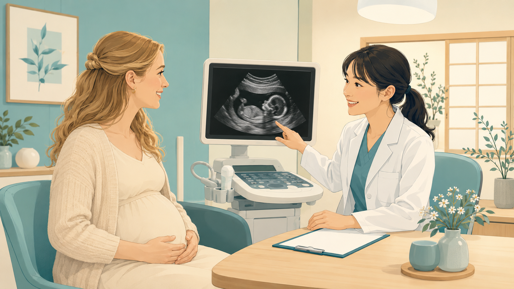 Non-Japanese pregnant woman consulting with a Japanese obstetrician at a clinic in Japan