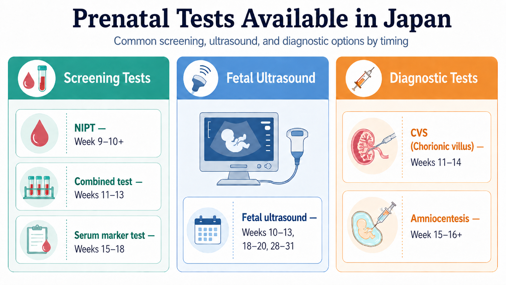 Infographic showing three categories of prenatal tests available in Japan: screening tests, fetal ultrasound, and diagnostic tests, with timing by week