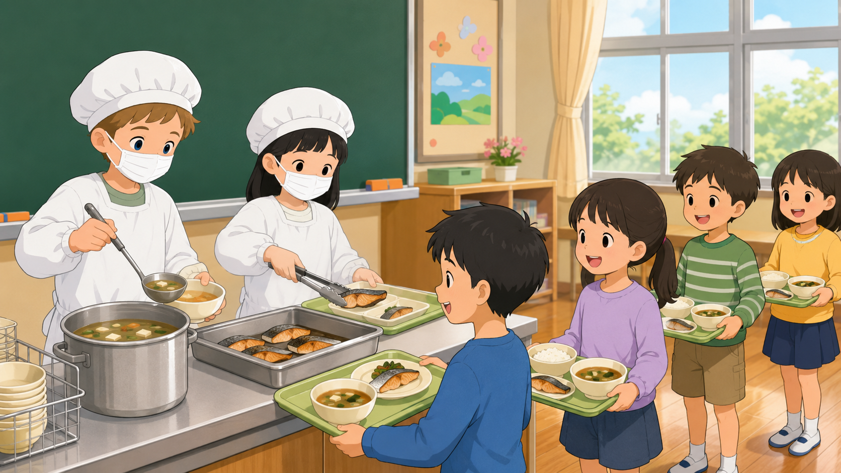 Japanese elementary school children serving and eating school lunch together in the classroom