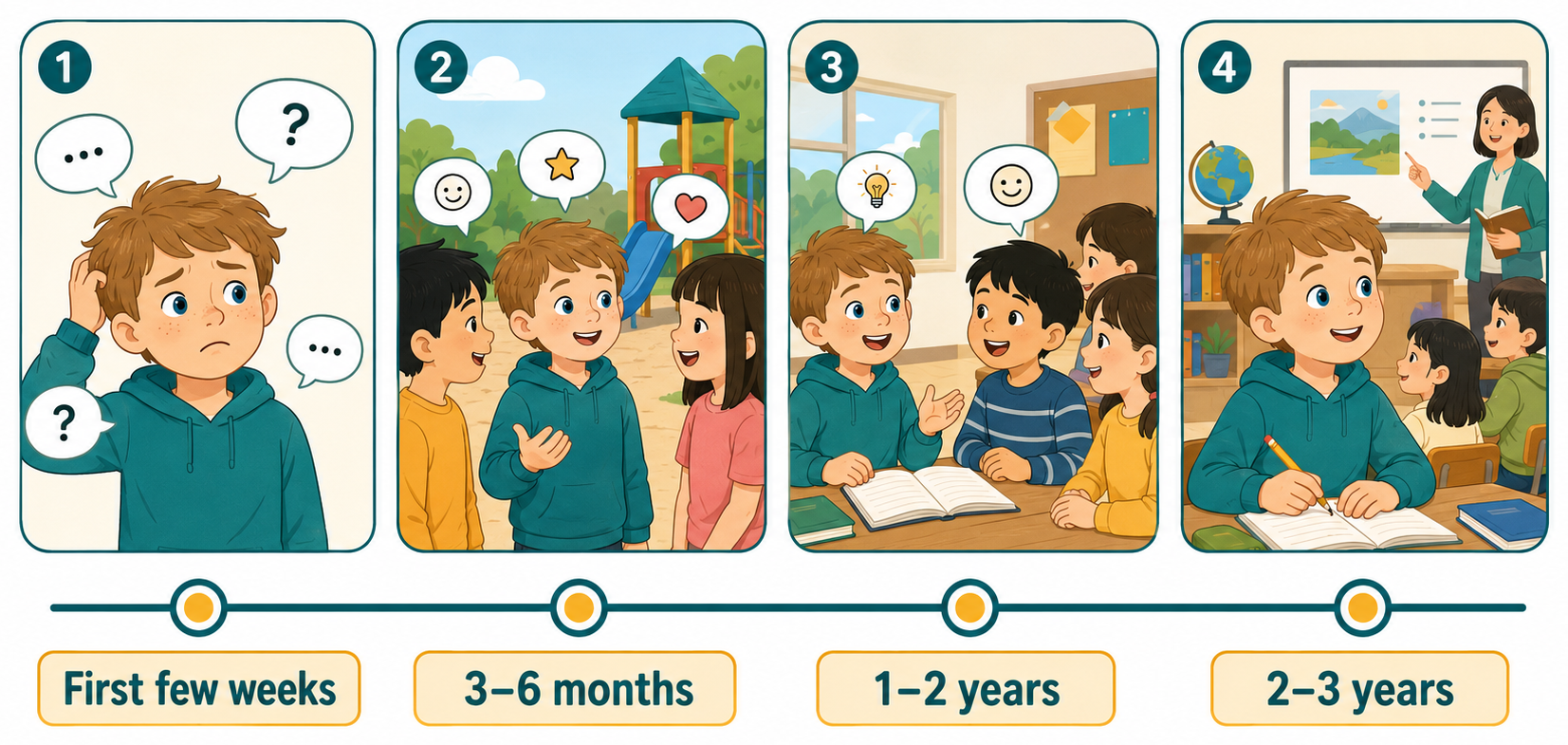 Four-stage timeline showing a Western child's Japanese language learning journey at elementary school