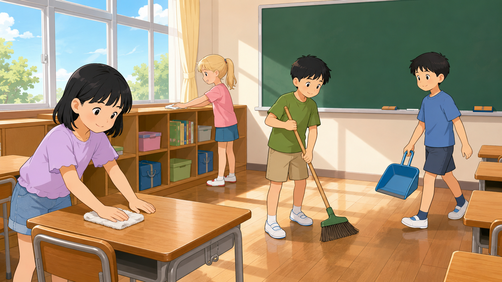 Japanese elementary school children cleaning their classroom during souji time — sweeping, wiping desks, and tidying up