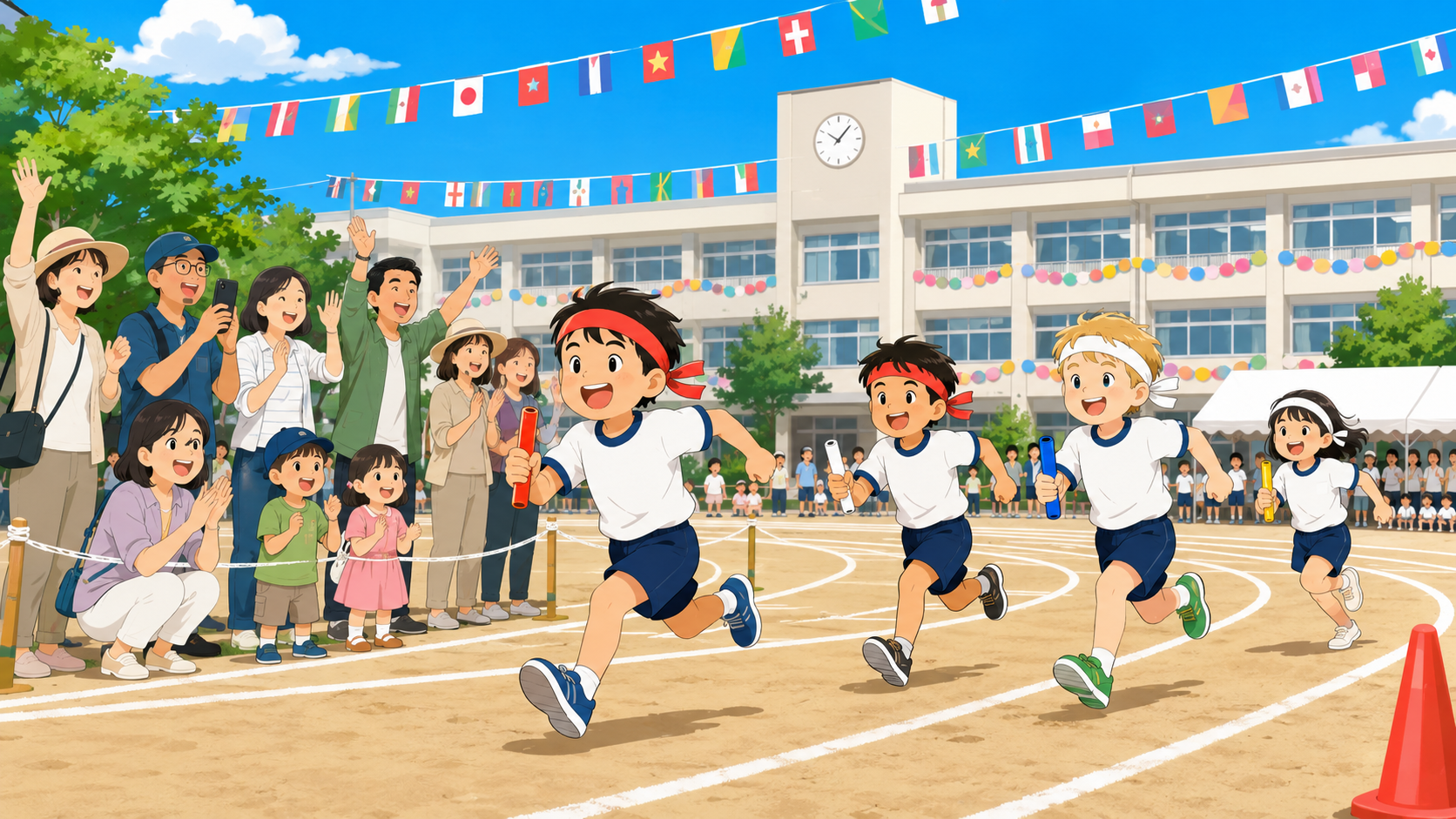 Japanese elementary school sports day (運動会) — children running a relay race while parents cheer from the sidelines
