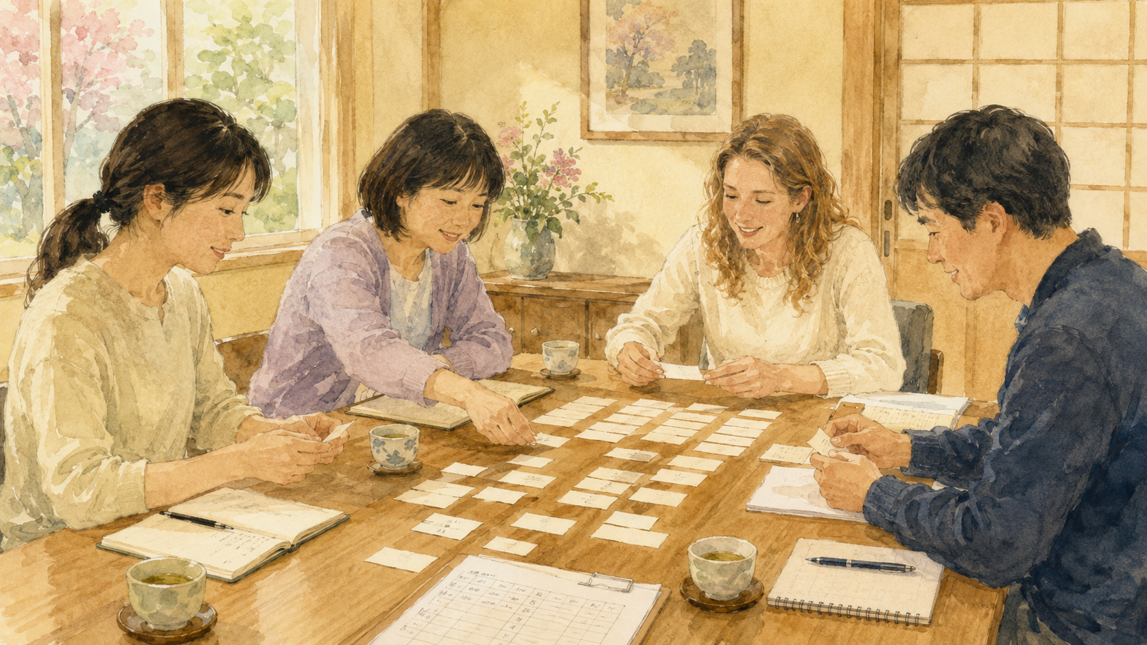 Watercolor illustration of four parents seated around a table in a school room, sorting and organizing small slips of paper together, with notebooks and tea cups on the table