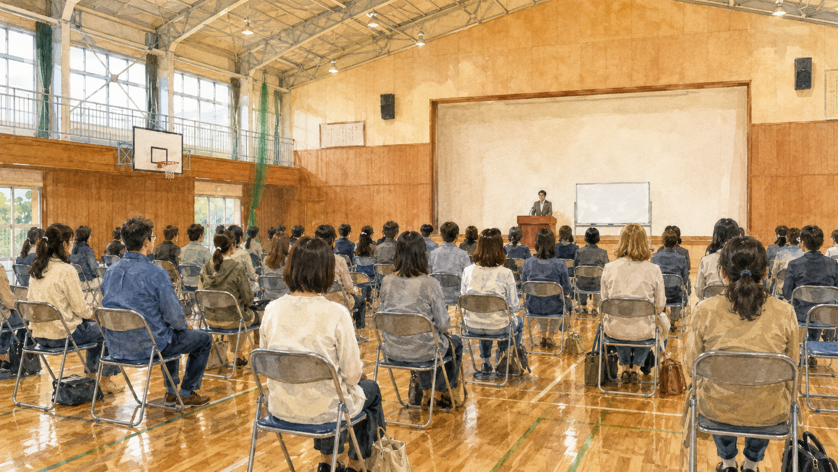 Watercolor illustration of a Japanese school gymnasium with parents seated in rows of chairs facing a whiteboard at the front, a mix of Japanese and Western-looking parents in the audience