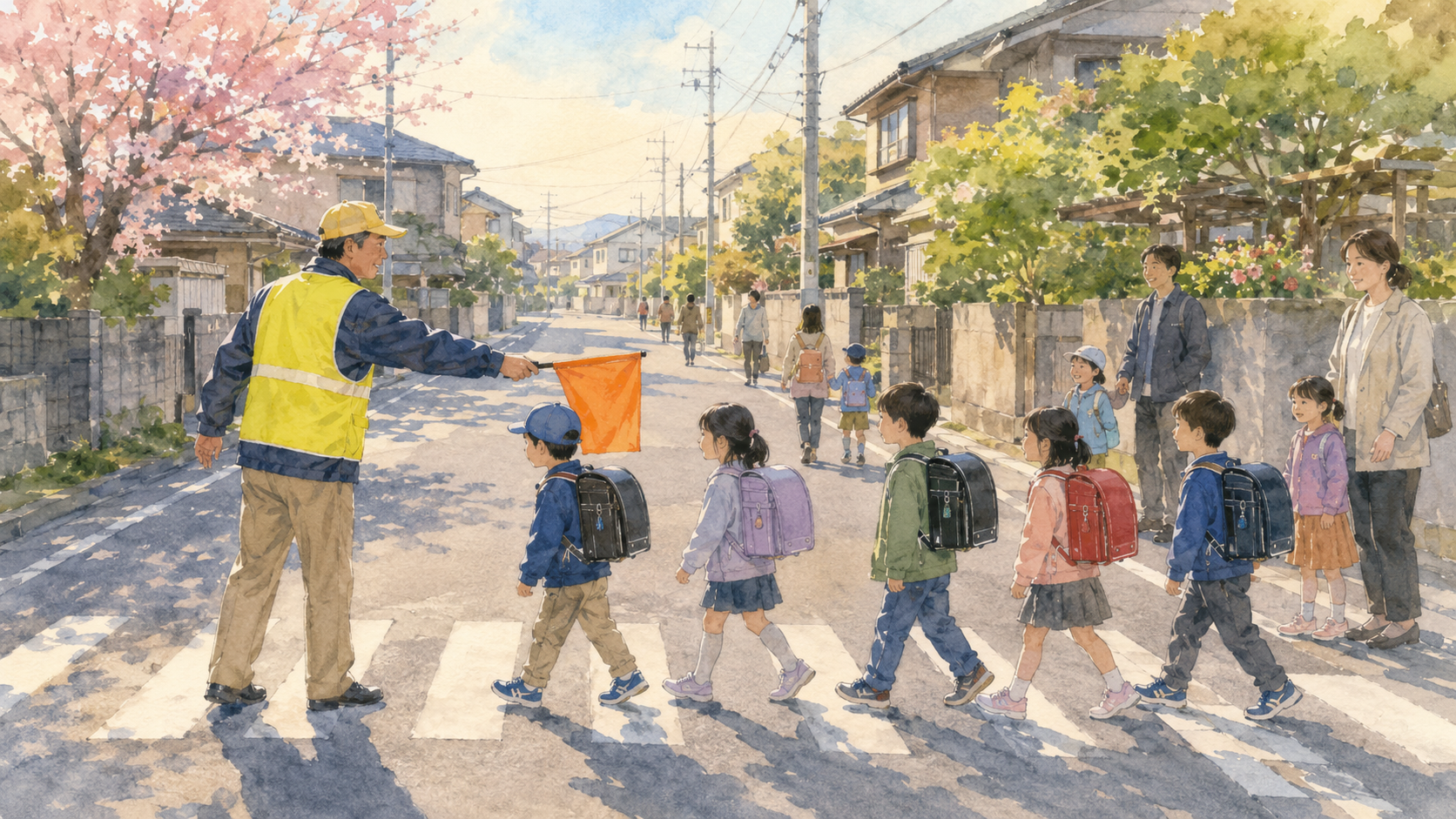 Watercolor illustration of a parent volunteer in a yellow safety vest holding an orange traffic flag at a street crossing, guiding young children with randoseru backpacks safely across the road