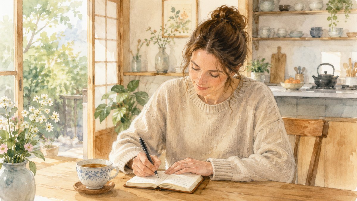 Soft watercolour illustration of a non-Japanese mother writing in a renrakucho notebook at her kitchen table in Japan
