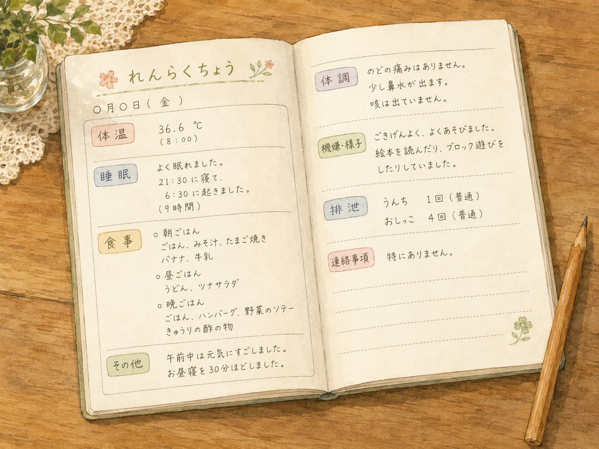 A real hoikuen renrakucho notebook open to a daily entry page, showing handwritten fields for temperature, sleep, meals, and a morning note