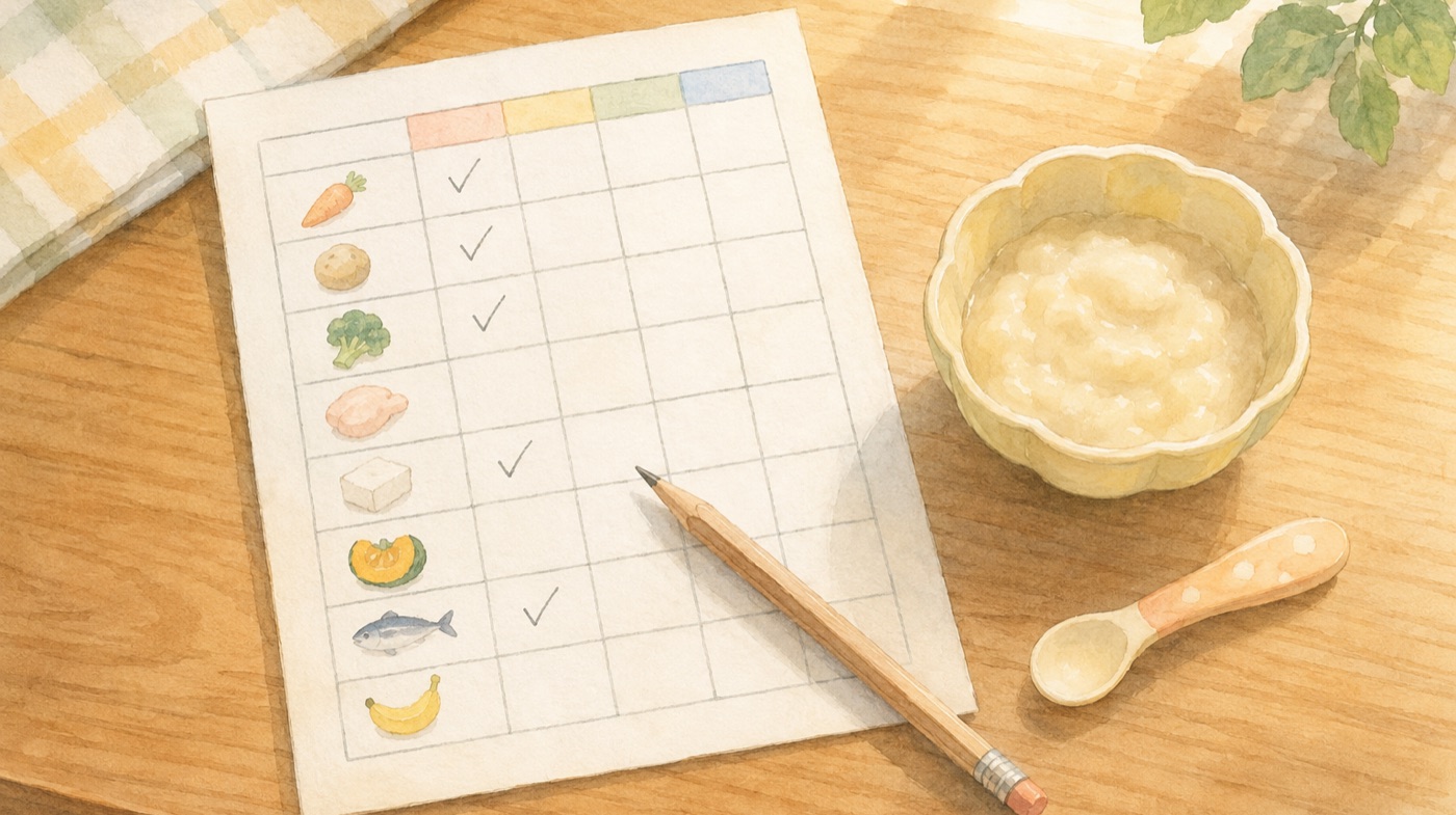 Watercolor illustration of a Japanese daycare food-check list on a kitchen table with a pencil, rows of ingredients partly ticked off, beside a small bowl of baby food