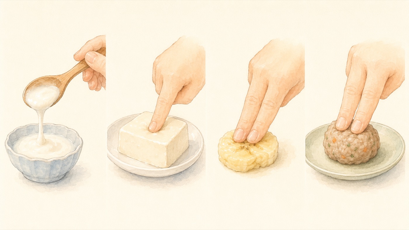 Watercolor illustration of four hands demonstrating the firmness reference for each weaning stage: yogurt dripping from a spoon, a finger pressing into silken tofu, fingers squashing a piece of banana, and fingers pressing a small soft meatball