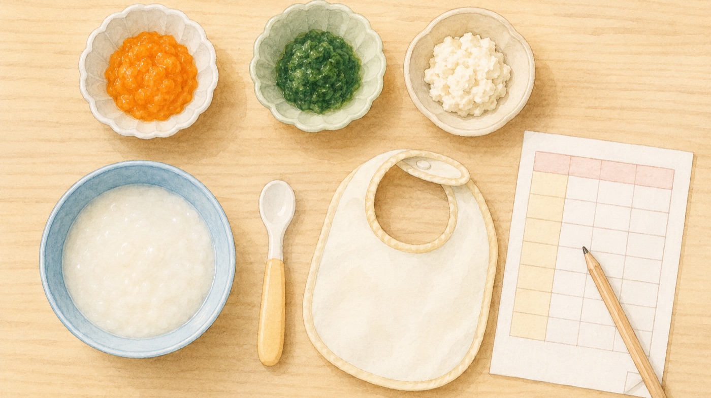 Watercolor flat-lay of a Japanese first-foods setup: a small bowl of smooth rice porridge, a feeding spoon, a tiny dish of mashed carrot and one of mashed tofu, a bib, and a paper feeding record