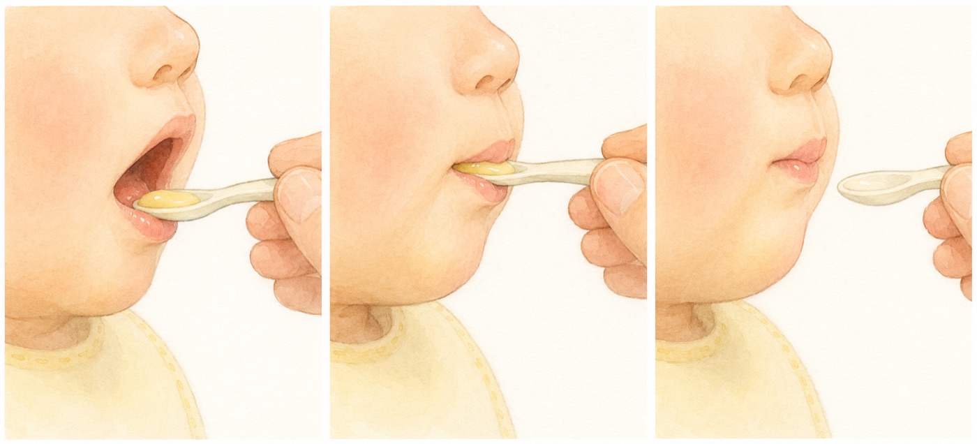 Watercolor illustration in three steps of how to spoon-feed a baby in a high chair: resting the spoon on the lower lip, waiting for the upper lip to close over it, and drawing the spoon out horizontally