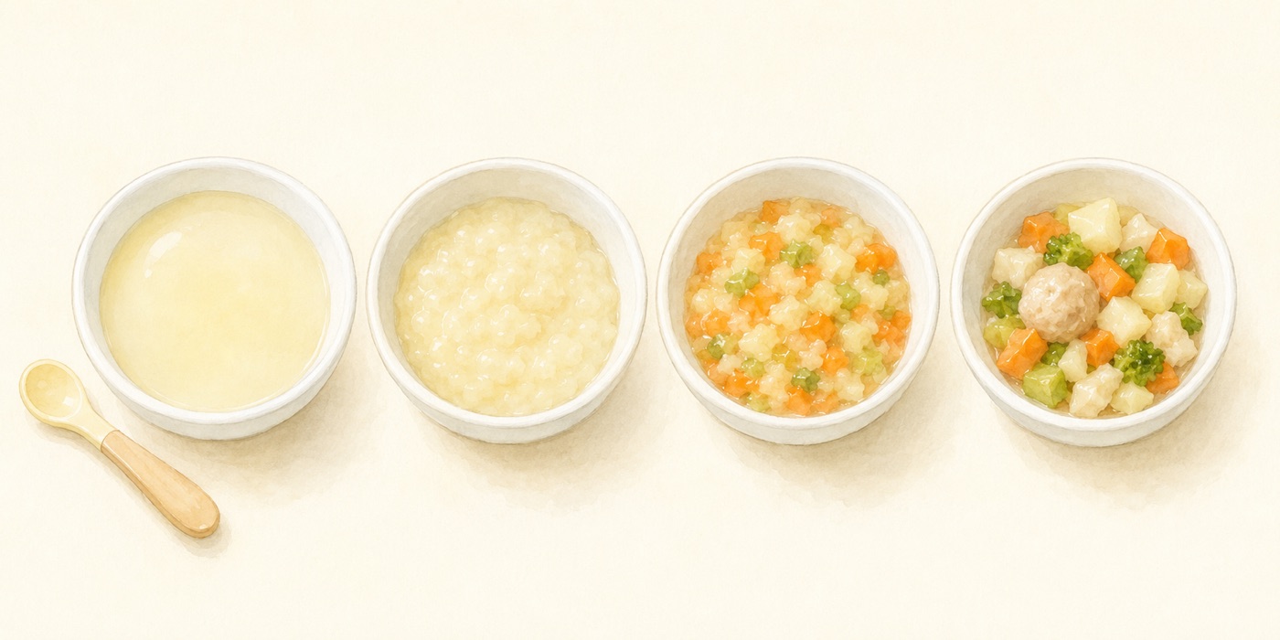 Watercolor illustration comparing the four weaning stages side by side in four small bowls: smooth purée, tongue-crushable mash, gum-mashable soft pieces, and small bite-sized pieces close to family food