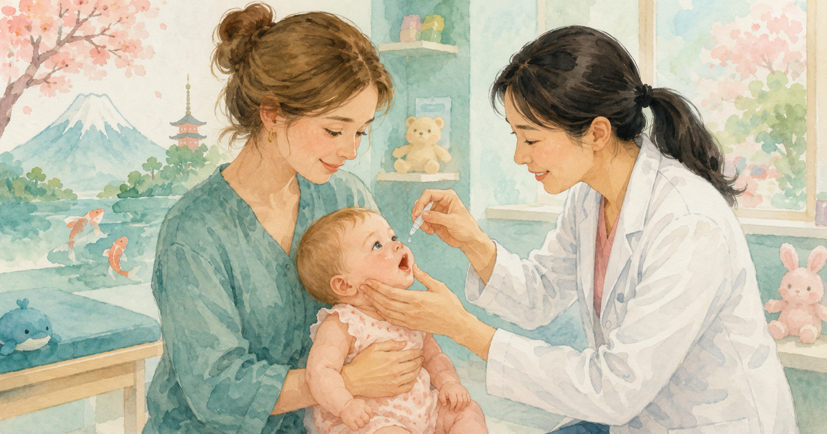 Doctor giving oral rotavirus vaccine drops to a baby in Japan