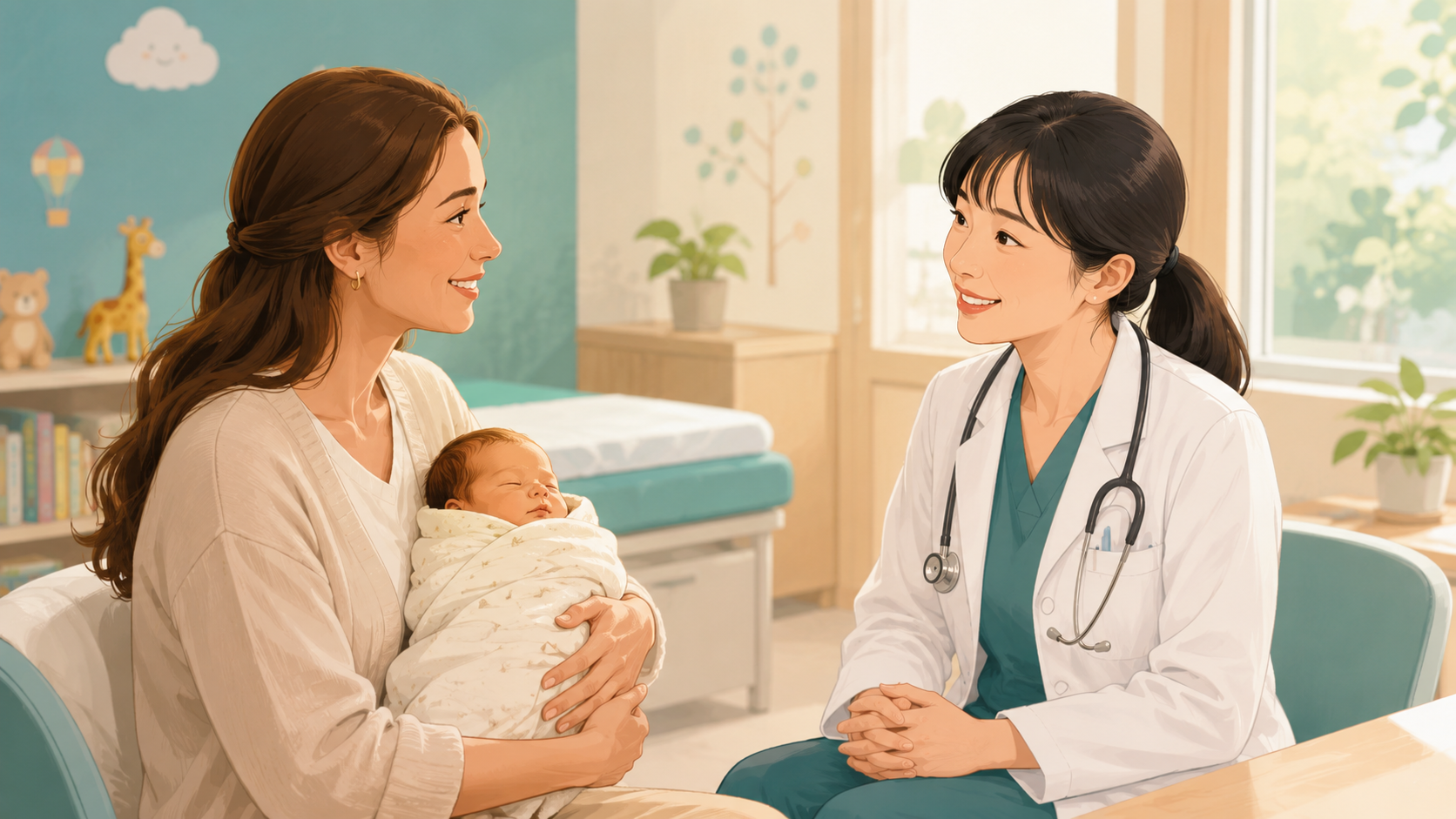 Non-Japanese mother holding her newborn baby consulting with a Japanese doctor at a pediatric clinic in Japan