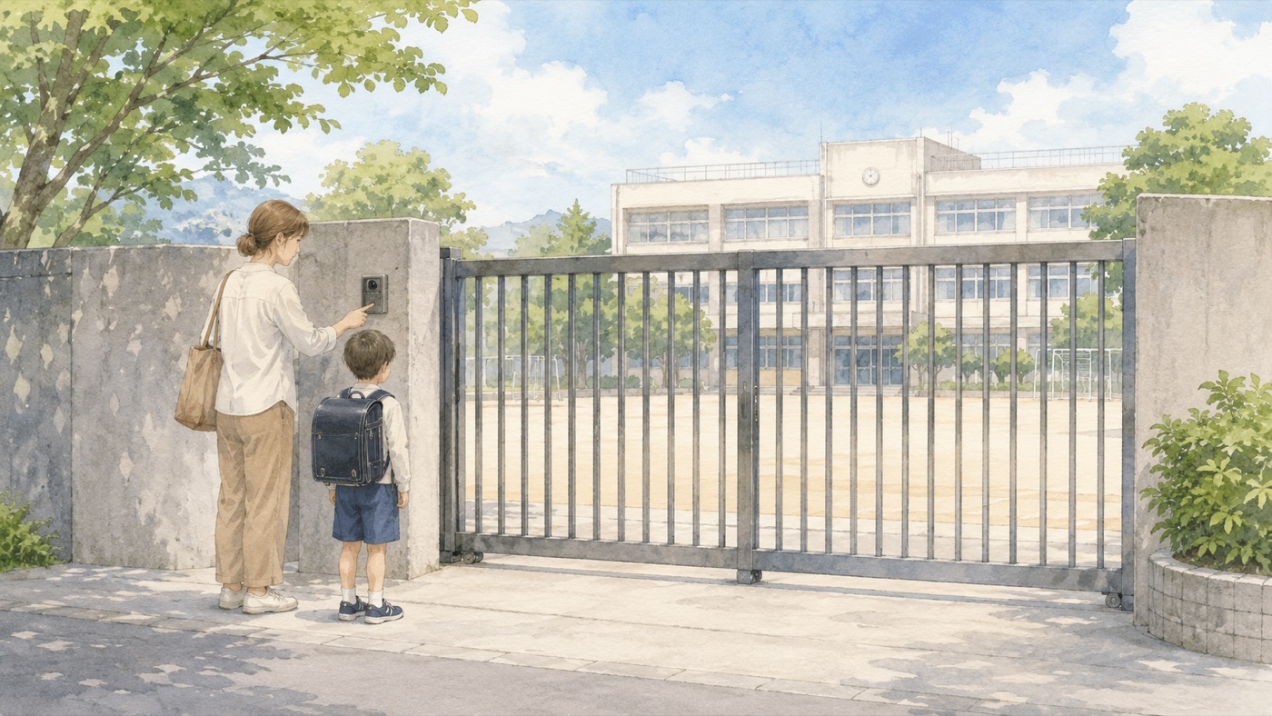 Watercolor illustration of a parent and a child with a randoseru standing outside the closed sliding gate of a Japanese elementary school, the parent reaching for the intercom on the gatepost while the schoolyard beyond stands empty
