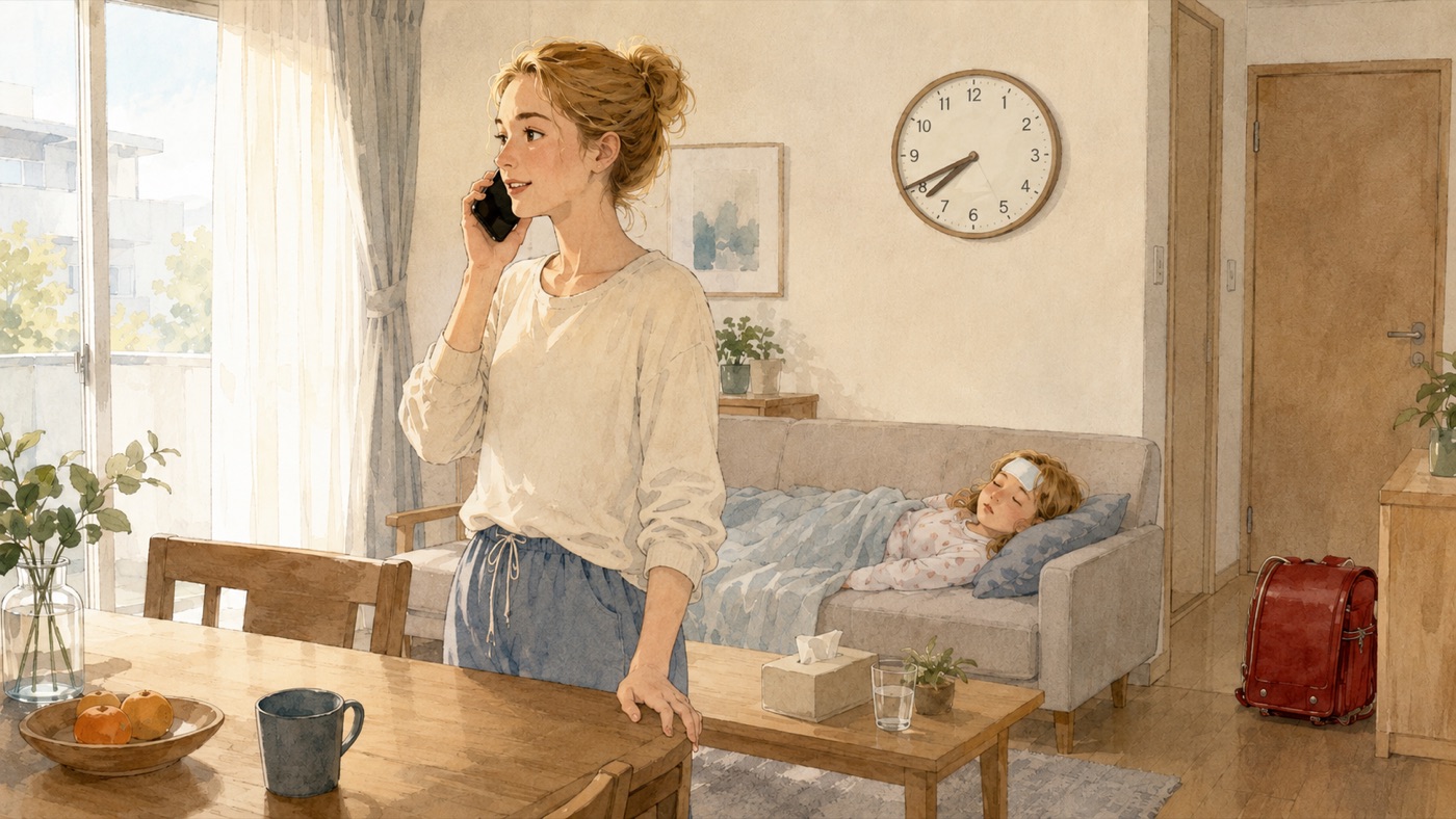 Watercolor illustration of an international parent at home early in the morning, phone in hand reporting an absence to school, with a child resting under a blanket on the sofa nearby