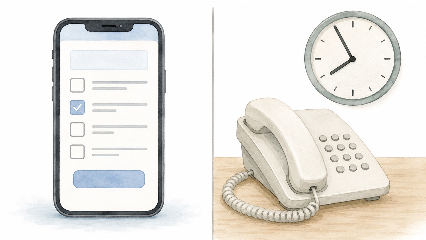 Watercolor illustration comparing how a Japanese school takes absence reports: a smartphone showing a school app form on one side, and a telephone handset with a wall clock reading just before eight on the other