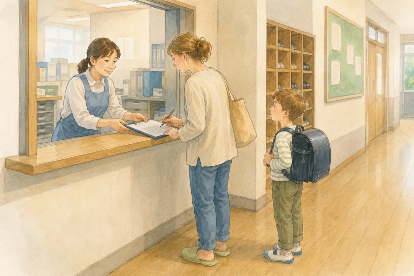 Watercolor illustration of a parent signing in at a Japanese elementary school office window to collect a child early, with a staff member handing over a clipboard and the child waiting with a backpack