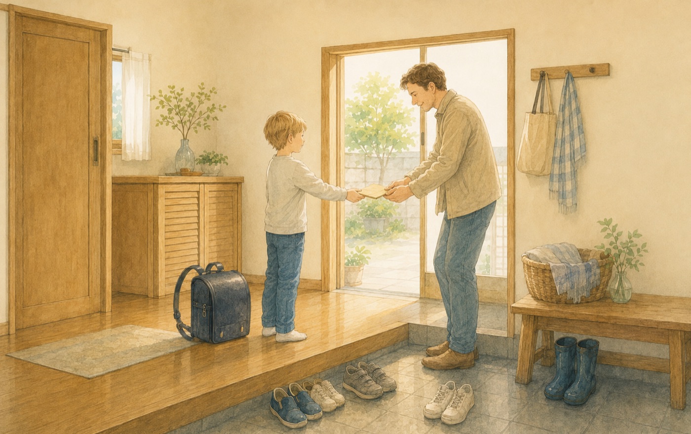 Watercolor illustration of an international child handing a parent a school money-collection envelope at the front door in the morning, with a randoseru on the floor beside them
