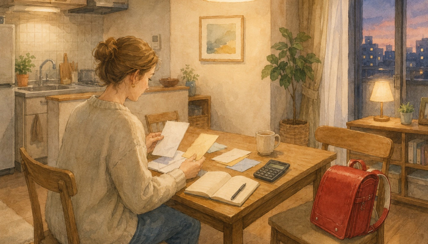 Watercolor illustration of an international parent at a kitchen table in the evening, opening school payment envelopes with a calculator and a child's randoseru nearby